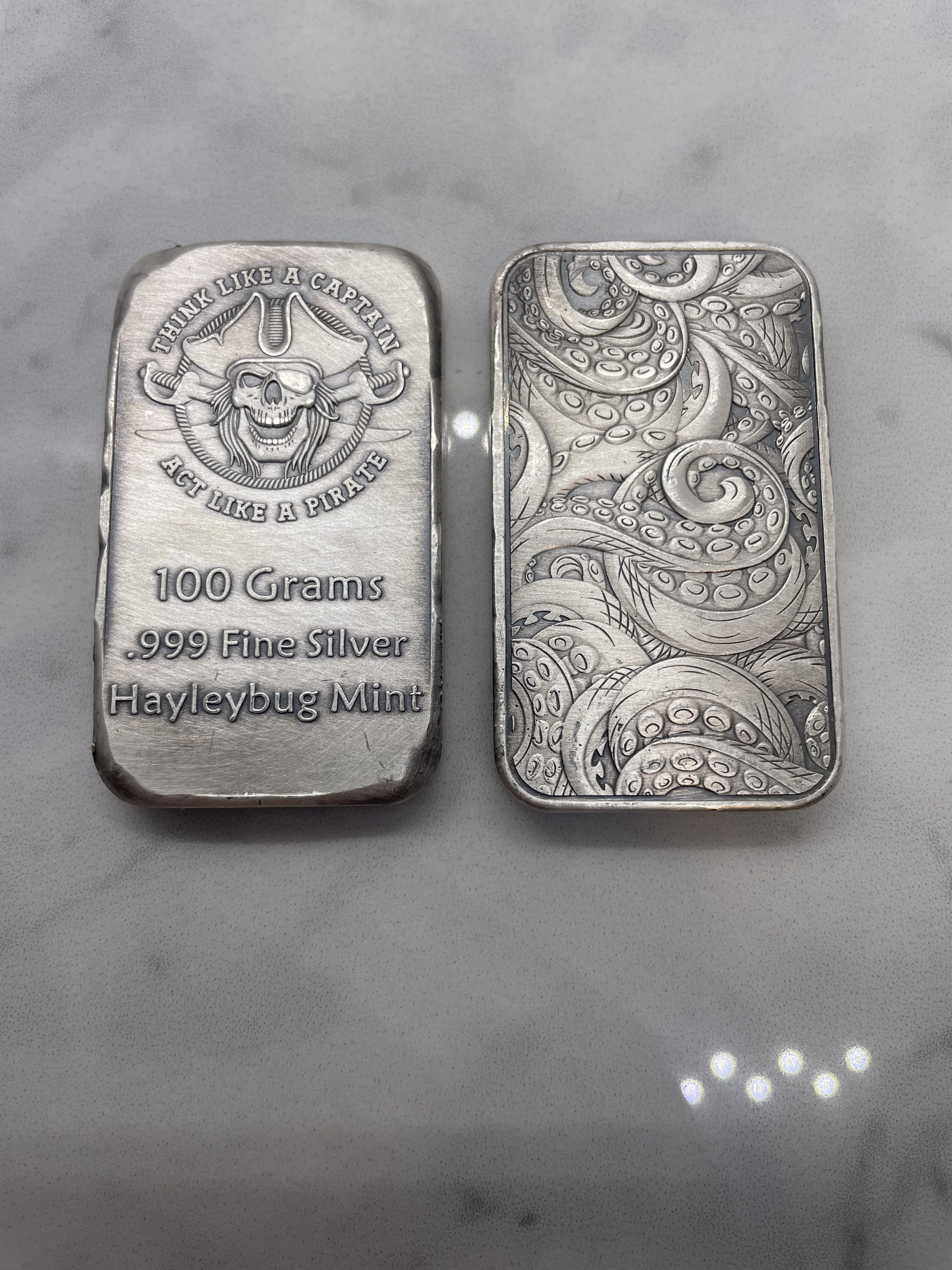 Pirate bar With Tentacle Backer. 100 Grams .999 Fine Silver